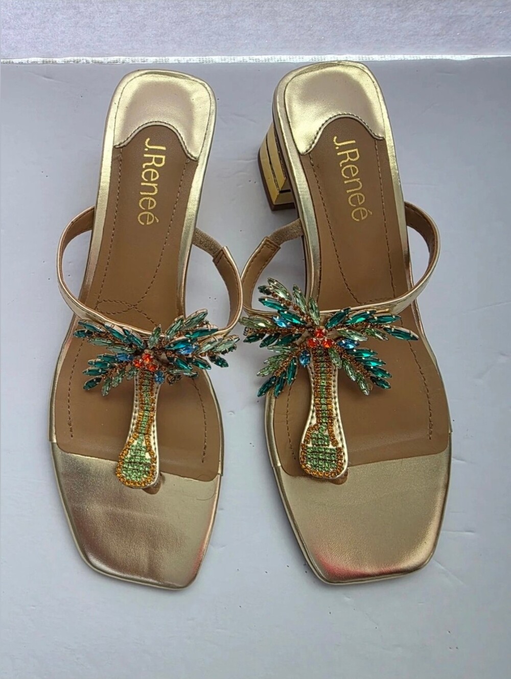 J.Renee Palmy T-Strap Sandals Metallic Gold Synthetic Upper Block-Heel Sz 8.5 M